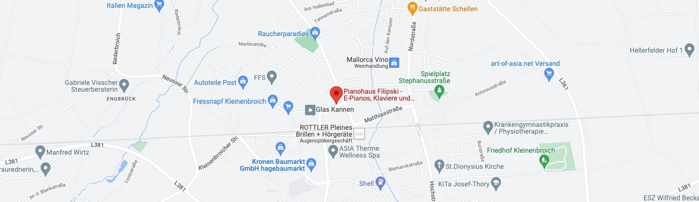 Standort von Pianohaus Filipski in Korschenbroich bei Düsseldorf 